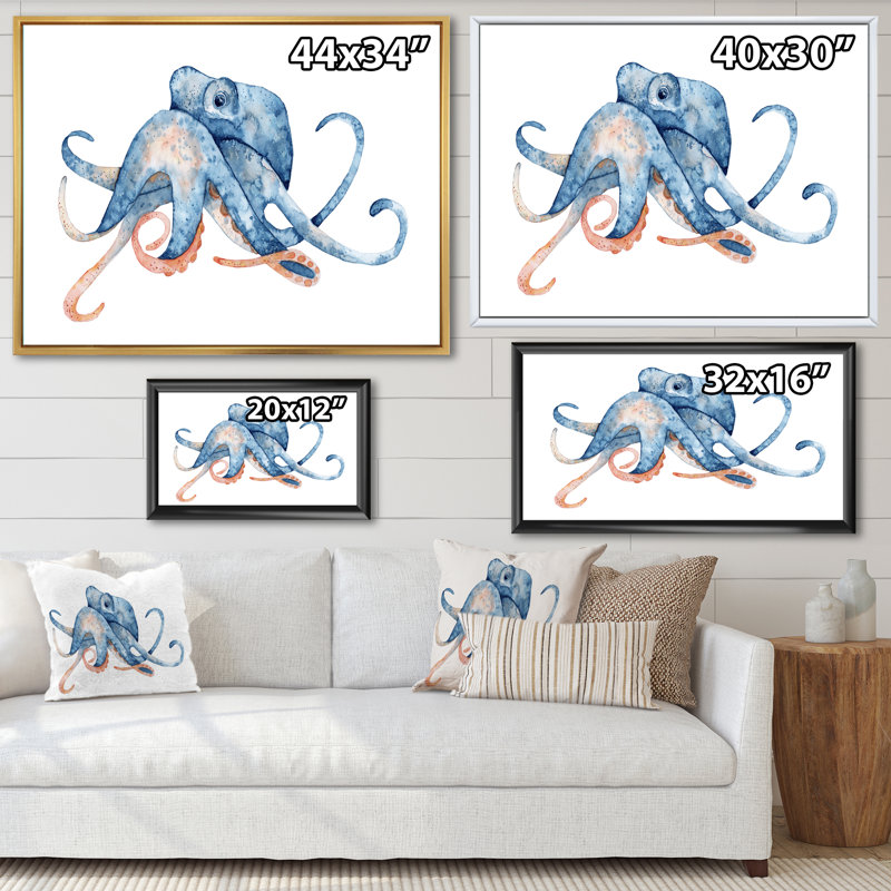 Pieuvre bleue sur blanc - reproduction sur toile, H 30 po x l 40 po x P 1,5 po, Cadre photo noir