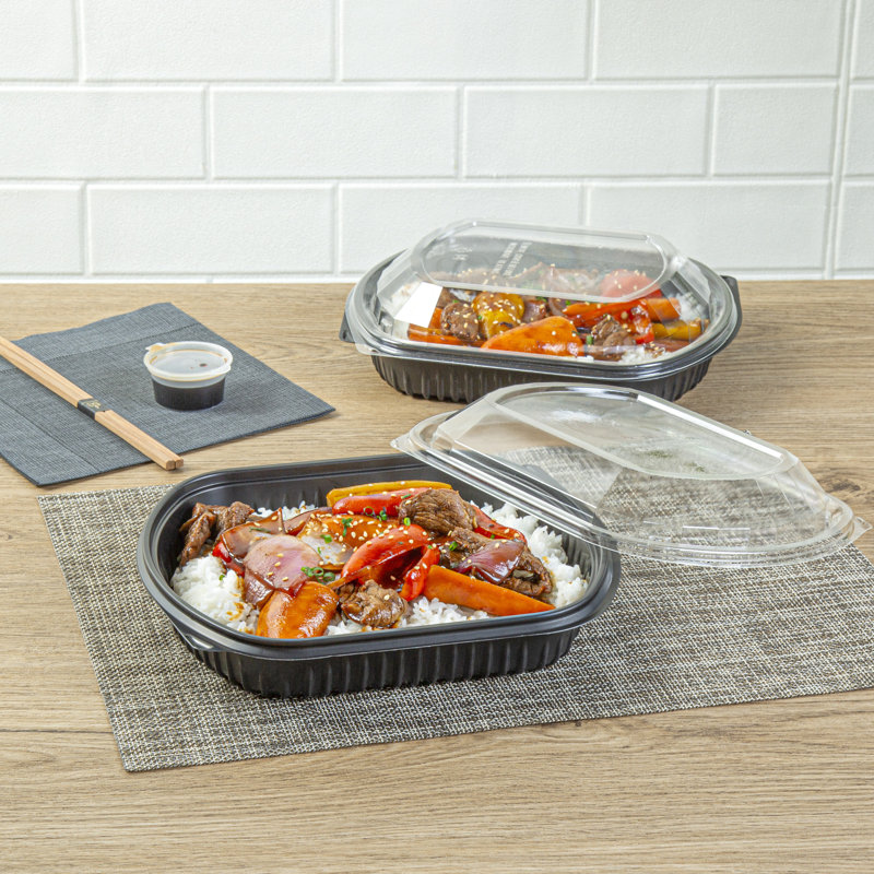 RW Base 36 Ounce Food Containers, 50 Rectangle Disposable Salad Containers - Microwavable, With Clear Lid, Black Plastic Food Containers, For Warm And Cold Foods, For Cafes - Restaurantware