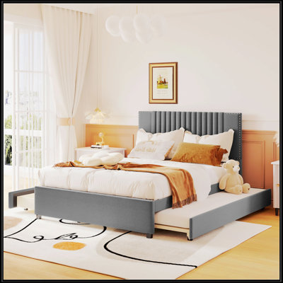 Lit plateforme double tapissier pleine grandeur avec 2 tiroirs et 1 lit gigogne simple, tête de lit classique, gris