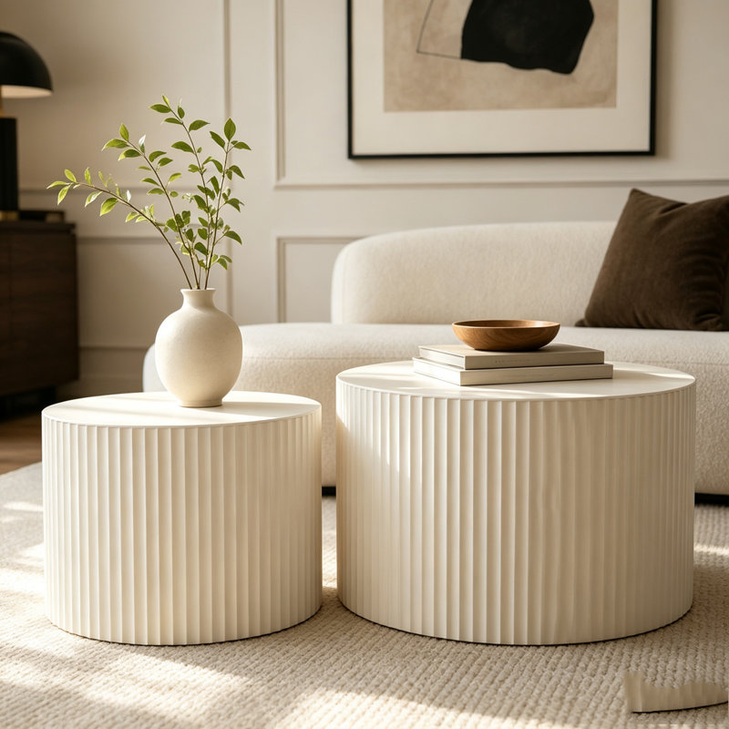 Table basse ronde en bois, H 15,75 po x l 47,25 po x P 47,25 po, Beige+Cream