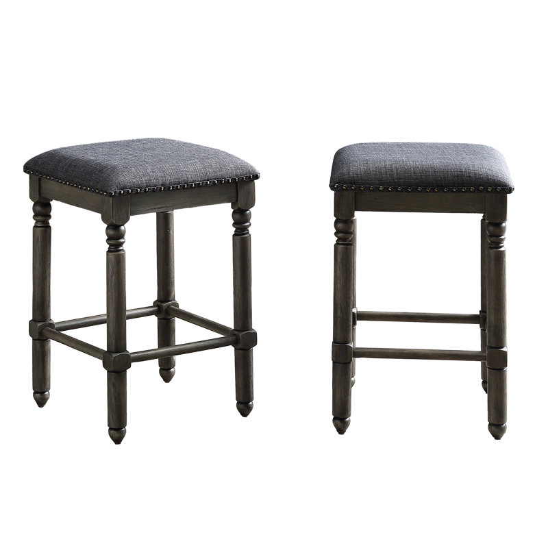 Tabouret 2 en bois rembourré de hauteur comptoir, siège en tissu brun-gris avec garniture cloutée en bronze, fabrication en caoutchouc massif et en contreplaqué, chic rustique, l 16 po x P 16 po x H 24,37 po, assemblage requis de 2 tabourets