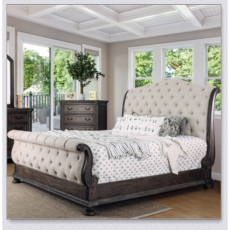 Rustic Natural Tone 1Pc Bed Beige Fabric Button Tufted Sleigh Bed Bedroom Furniture Solidwood, Queen