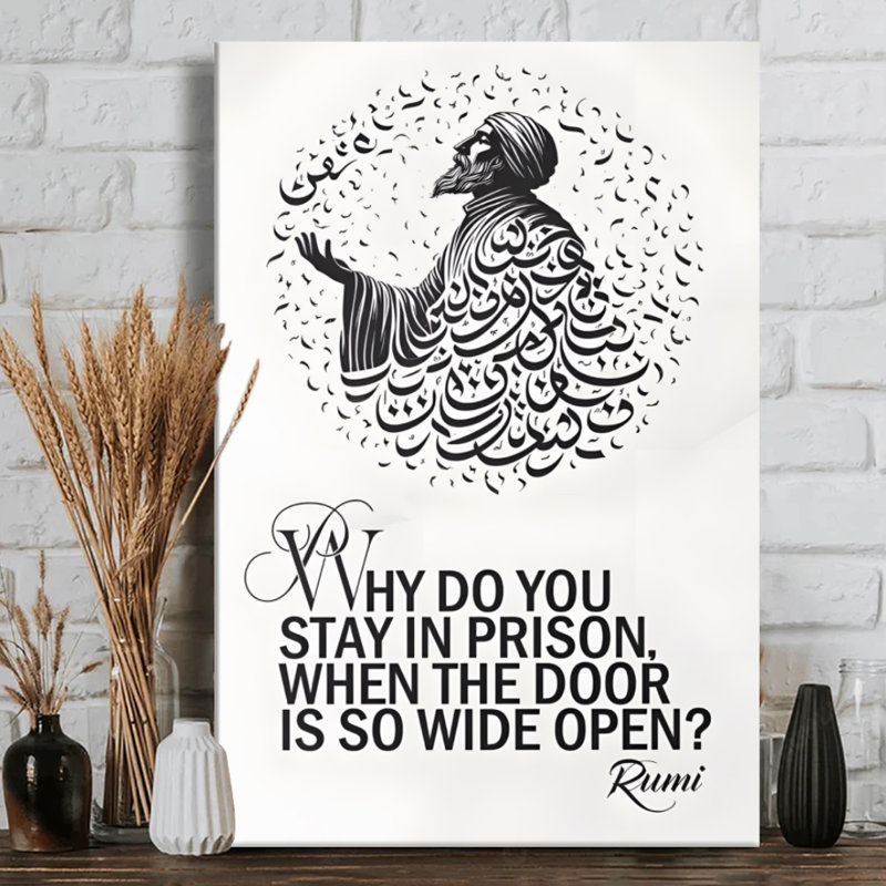 Art mural sur toile Rumi figure avec calligraphie fluide