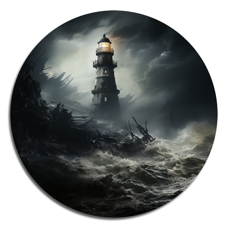 Phare aux prises avec les vagues orageuses - Art mural rond en métal, H 23 po x l 23 po