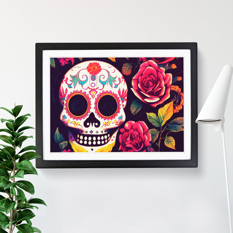 XH1022-8992X The Serene Floral Sugar Skull - Single Picture Frame Print, Black Framed, 46cm H x 64cm W x 2cm D