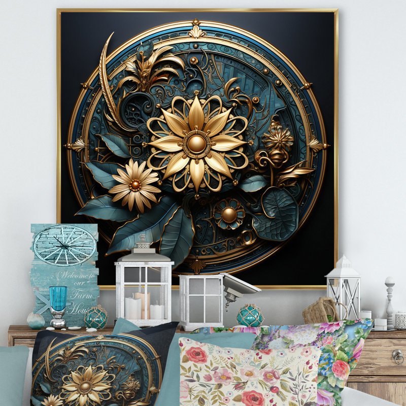 Or et bleu sarcelle, fleurs 3D, phoque ancien I, reproduction d'art sur toile, H 30 po x l 30 po x P 1 po