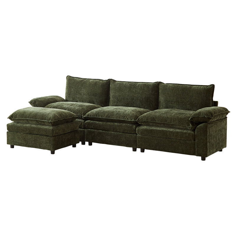 113.58" Chenille Upholstered Sofa, Comfy Cloud Couch with Ottoman, Green