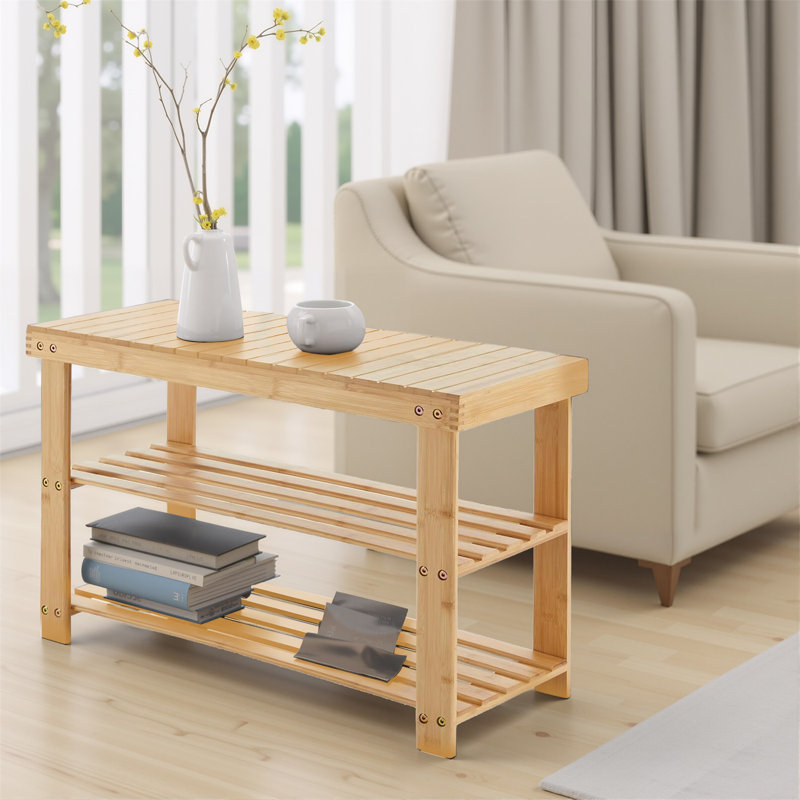 Shoe Rack Bench, 3-Tier Bamboo Entryway Storage Organizer, Frontdoor, Bedroom, Bathroom, Balcony, Wood