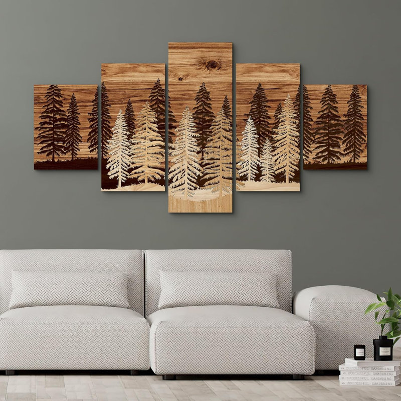 Brown Pine Tree Forest Nature Illustrations Modern Art On Canvas 5 Pieces Print