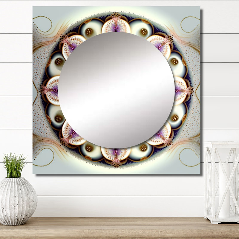 Ethereal Fractal Mandal In Purple And Yellow II - Boho Mandala Square Mirror For Wall Art Decor, 23" x 23"