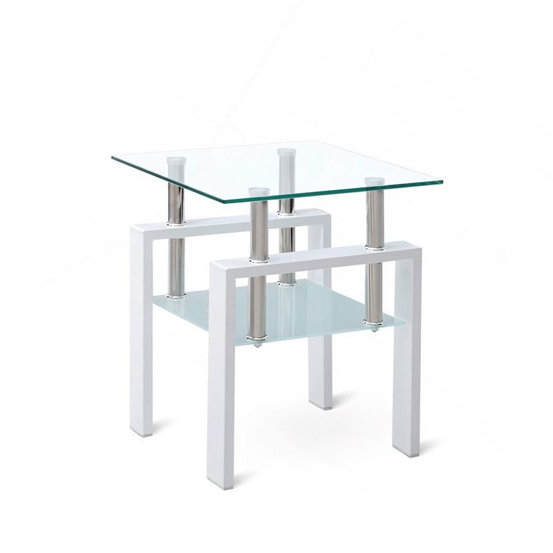 White Tempered Clear Glass End Table, 2-Layers Small Table With Storage, Living Room Side Table, White