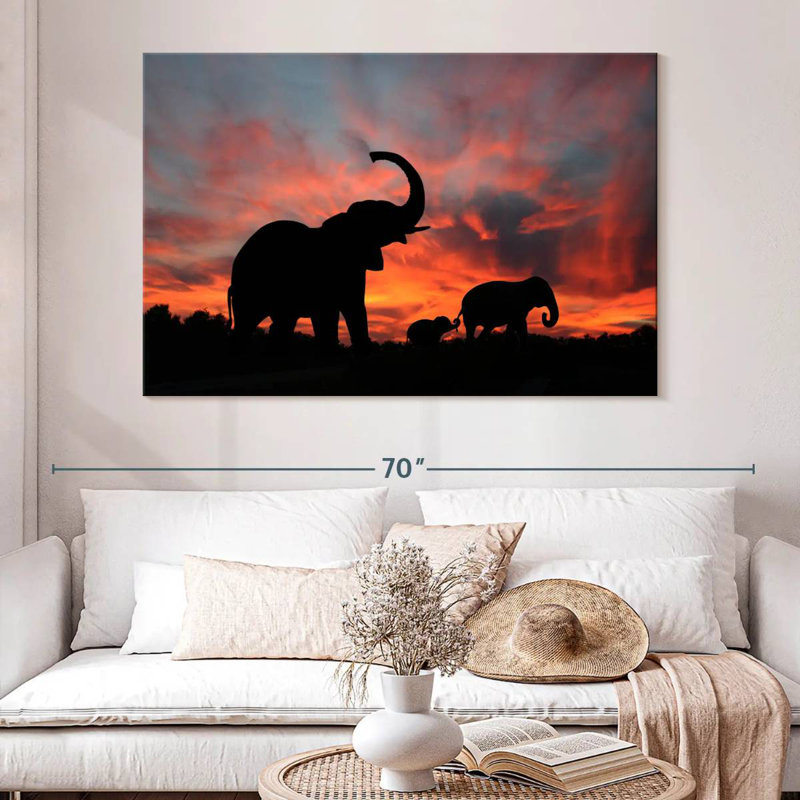 Silhouette d'éléphant au coucher du soleil, H 8 po x l 12 po