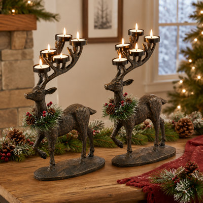 Set of 2 Standing Woodland Deer Tea Light Candle Holders with Pine and Berry Accents