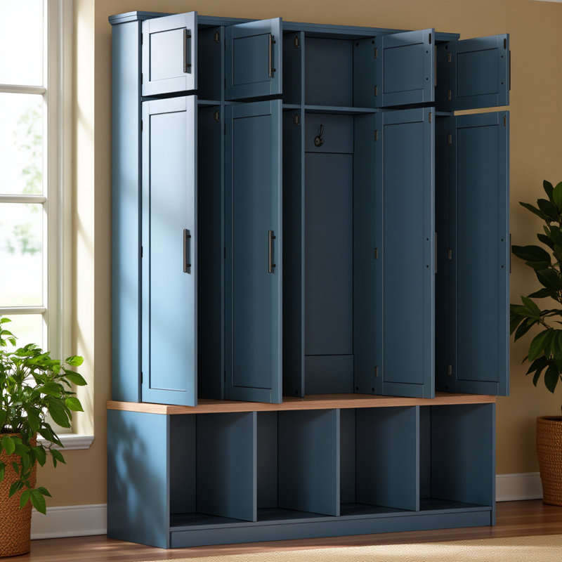 Farmhouse Hall Tree With 4 Hidden Hanging Hooks, Versatile Walnut Seating Bench With 8 Doors, Entryway Shoe Cabinet With Open Compartment For Living Room, Blue