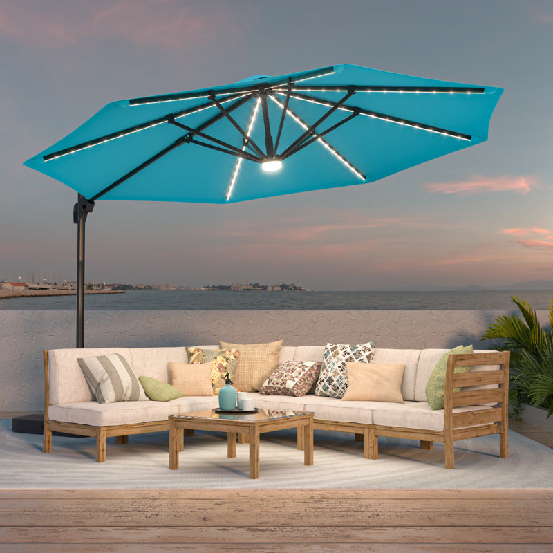 Parasol excentré à DEL en porte-à-faux 11 pi avec base Olufisayo, Bleu clair
