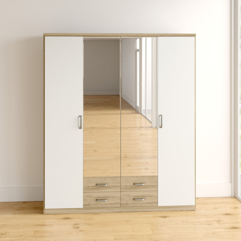 Gandra  4 Hinged Door Wardrobe 181 cm 4 Drawer, Mirror INCL. Delivery and Assembly, Sonoma Oak/Alpine White
