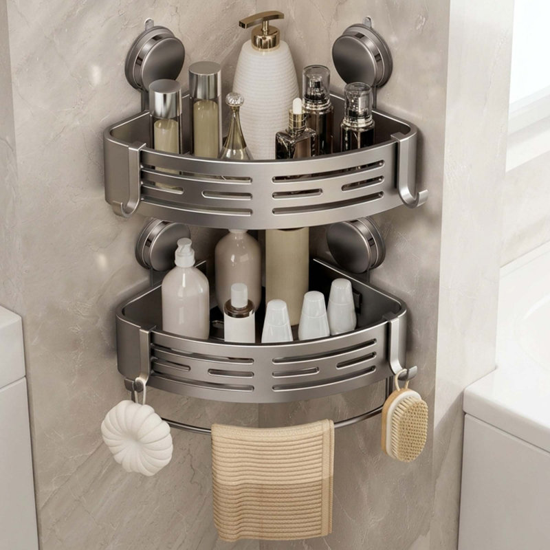 Ensemble de 2 paniers de douche d'angle - ventouse, crochets de barre à serviettes, perçage gris mat
