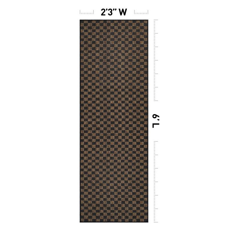 Checkered Dark Gray/Natural Easy-Care Jute-Style Indoor/Outdoor Flat Woven Area Rug, Dark Gray, Runner 2'3" x 6'