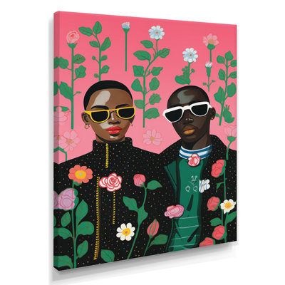 Cool, art urbain africain d'adolescentes fleurs sur fond rose - campagne, art mural de salon