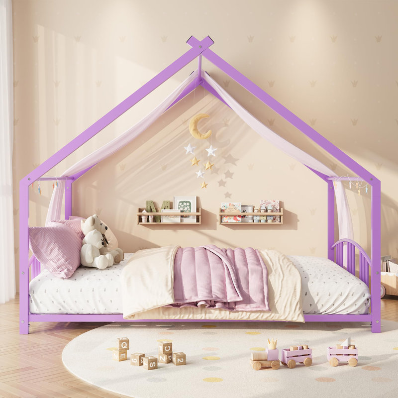 Cadre de lit au sol Montessori pour lit double, en forme de maison et avec barrières de sécurité, violet
