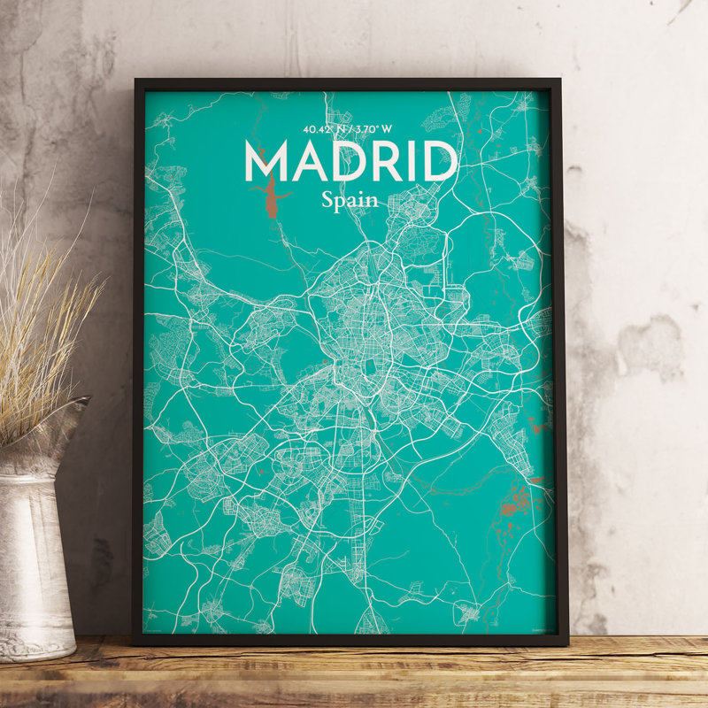 "Madrid City Map", affiche imprimée en nature, H 17 po x l 11 po x P 0,05 po