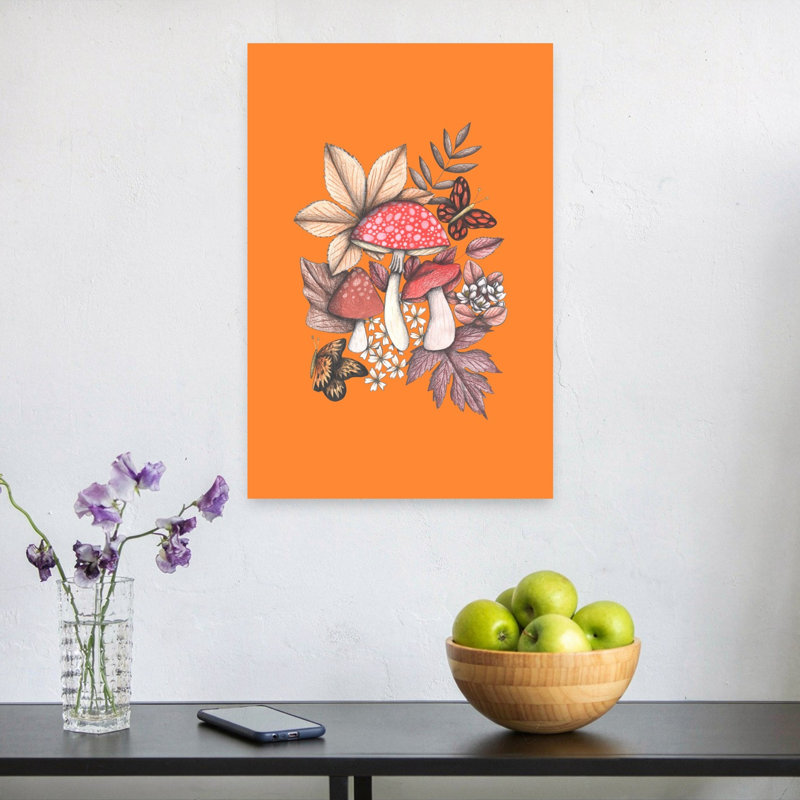 Autumn Woodland Mushrooms Whimsical Abstract Contemporary Butterfly Autumn Forest Wall Art Print by Cecilia Battaini - Print