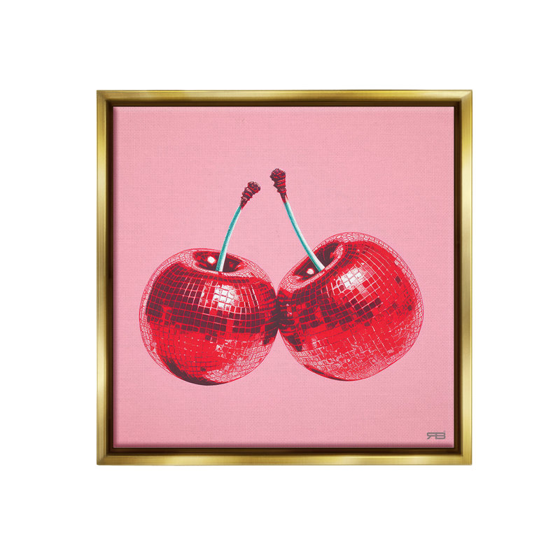 «Red Patterned Cherries Floater Frame» par RB sur, H 18 po x l 18 po, Cadre flottant métallique doré
