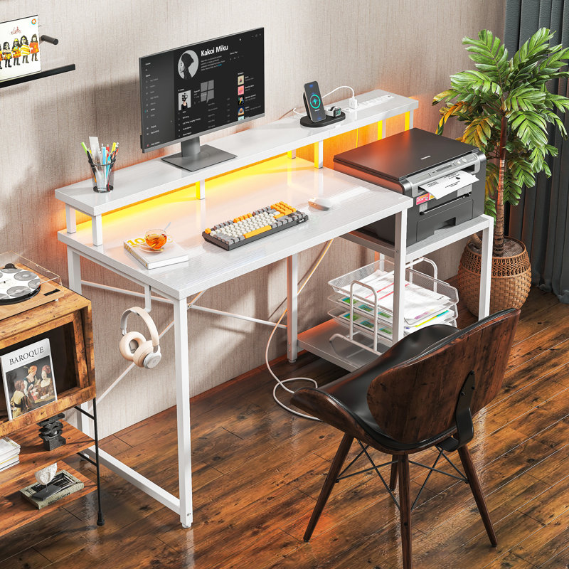 Nergui Home Office Computer Desk with Power Outlet,LED Lights & Adjustable Shelf, White/White