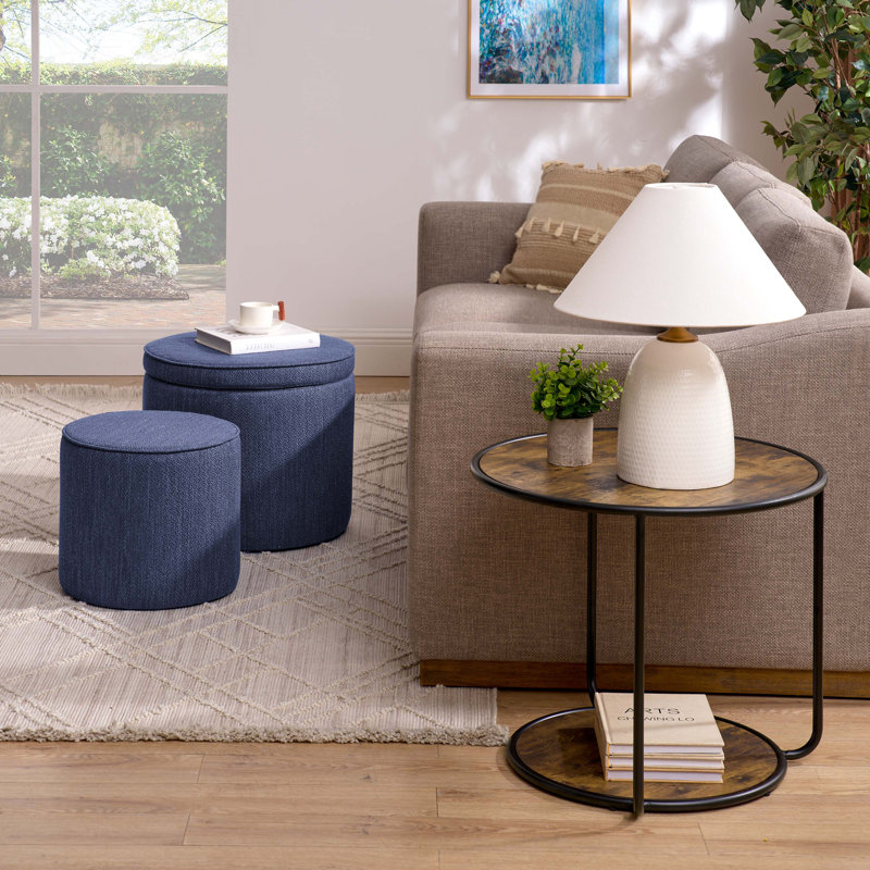 Multi-Functional Ottoman Table Set with Drum Stool and Storage Space, Dark Blue