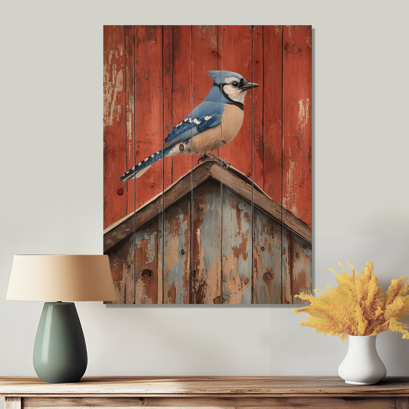 Blue Jay On The Barn Roof - Bird Wood Wall Decor - On Natural Pine Wood, 20" H x 10" W x 0.78" D