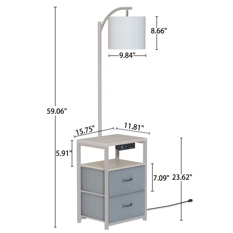 Modern Nightstand Lamp With Drawers, USB Ports, And AC Outlet, Versatile Bedside Table, White/Grey