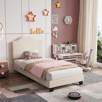  Twin Bed Frame with Velvet Upholstered Headboard, Wooden Slat Support, Non-Slip, No Noise, Easy Assembly, Teen Bedroom