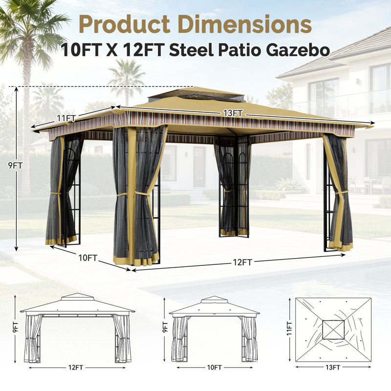 Pavillon de jardin à double niveau 10 pi x 12 pi avec filet et tablettes de rangement, Beige
