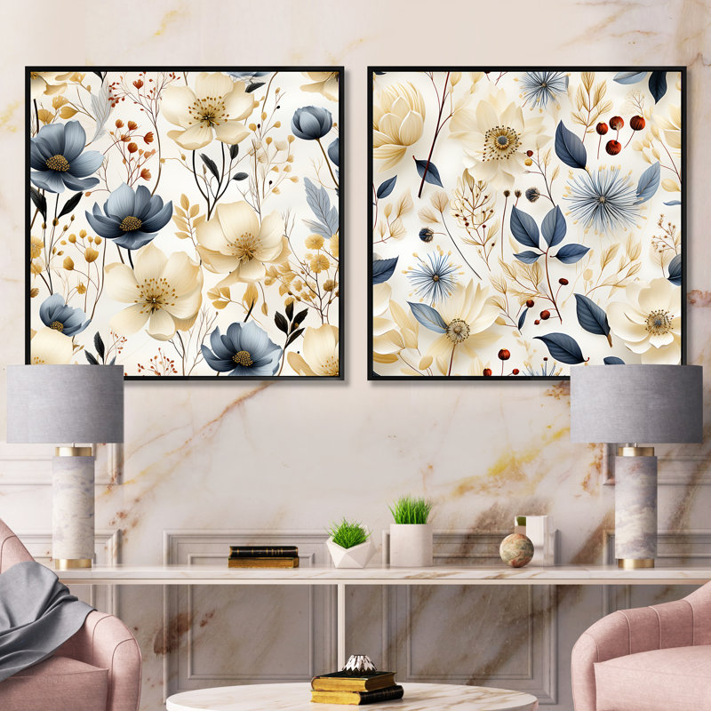 Swanscombe - Floral & Botanicals Square Collage Set Of 2, Black Floater Framed, 16" H x 33" W