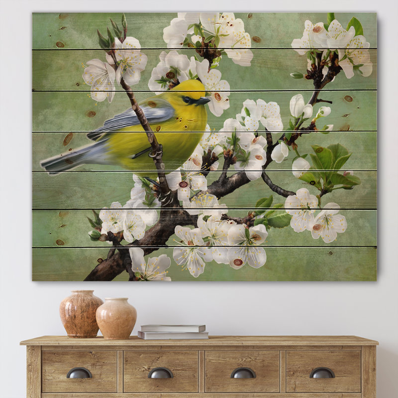 Oiseau sur une branche de cerisier - Impression traditionnelle sur bois de pin naturel, H 10 po x l 20 po x P 0,78 po