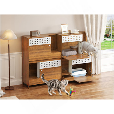 2-Piece Of Modern 2 IN 1 Cat Furniture Set, Cat Litter Box Enclosure Side Table, Cat House With Storage, For 2 Small-Medium Sized Cats - BROWN