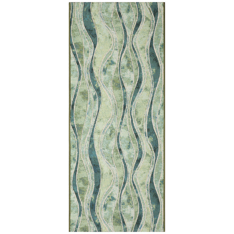 Abstract Synthetic Non-Skid Kitchen Mat, Runner 1'11" x 4'11", Green/Yellow/Blue