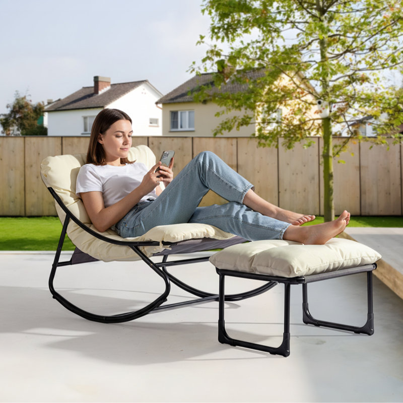 Fauteuil inclinable de patio en métal avec repose-pieds, Crème, crème