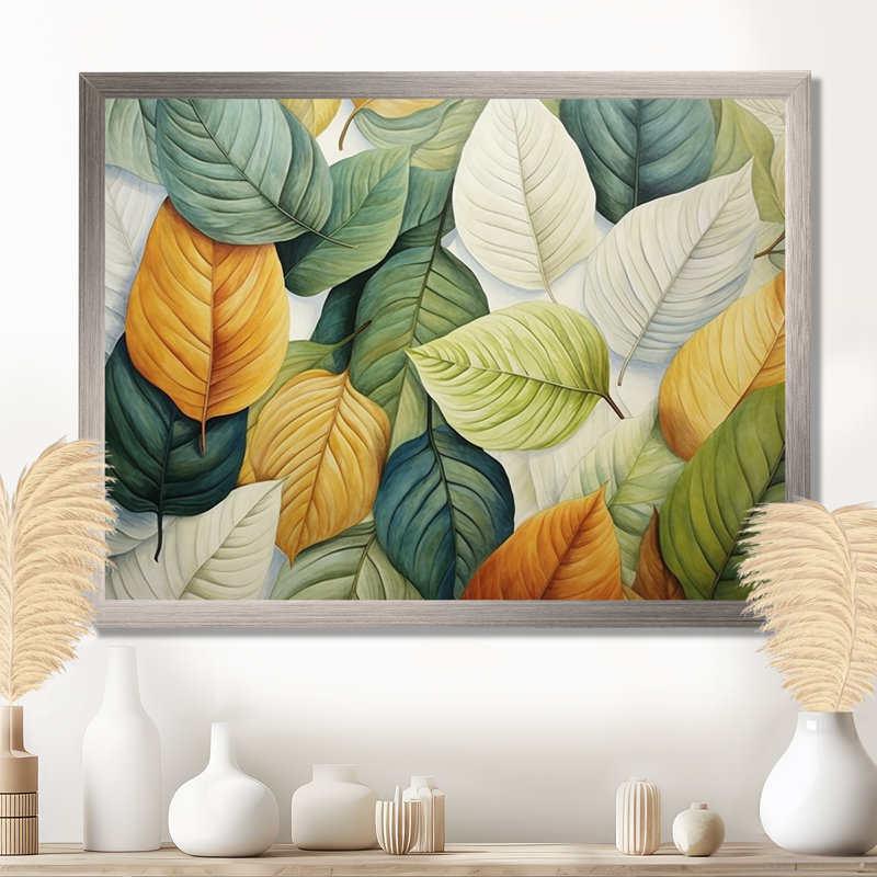 Feuilles vertes et jaunes Tranquility II - feuilles, art mural, H 16 po x l 32 po x P 1 po, Cadre simple argenté