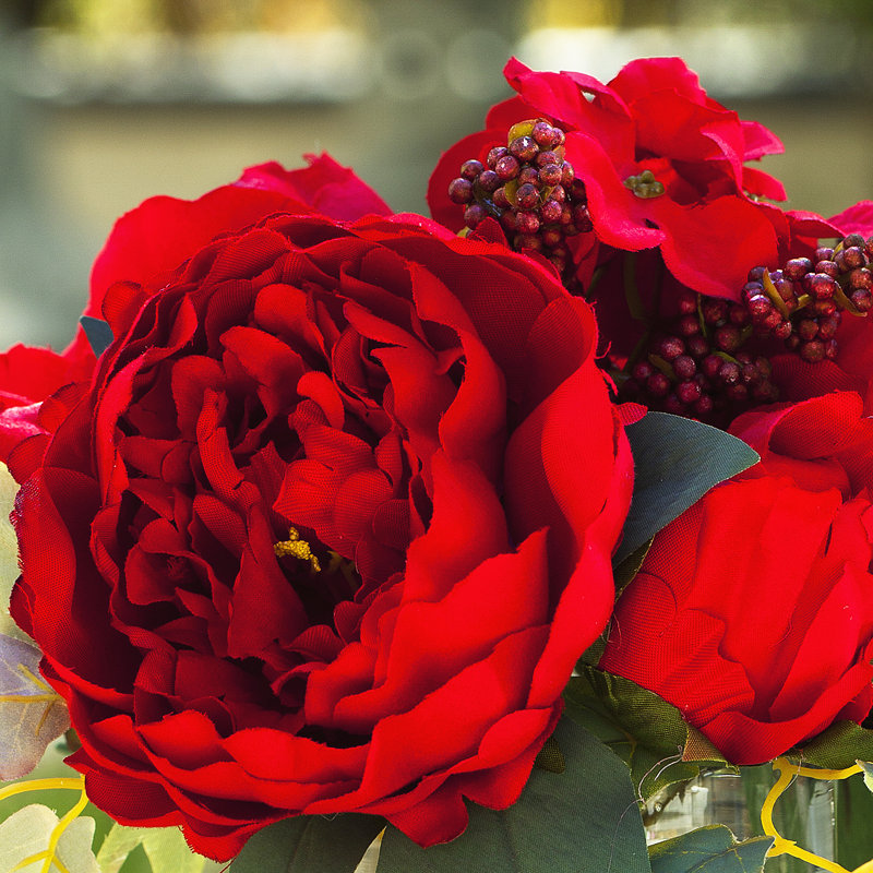 Silk Peonies Arrangement in Vase, Red