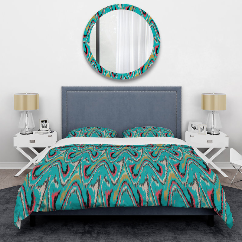 Green Ikat Ogee - Ensemble de housse de couette abstrait - Microfibre de polyester