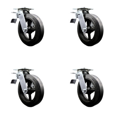 8 Inch Rubber on Steel Caster Set with Roller Bearing and Total Lock Brake SCC