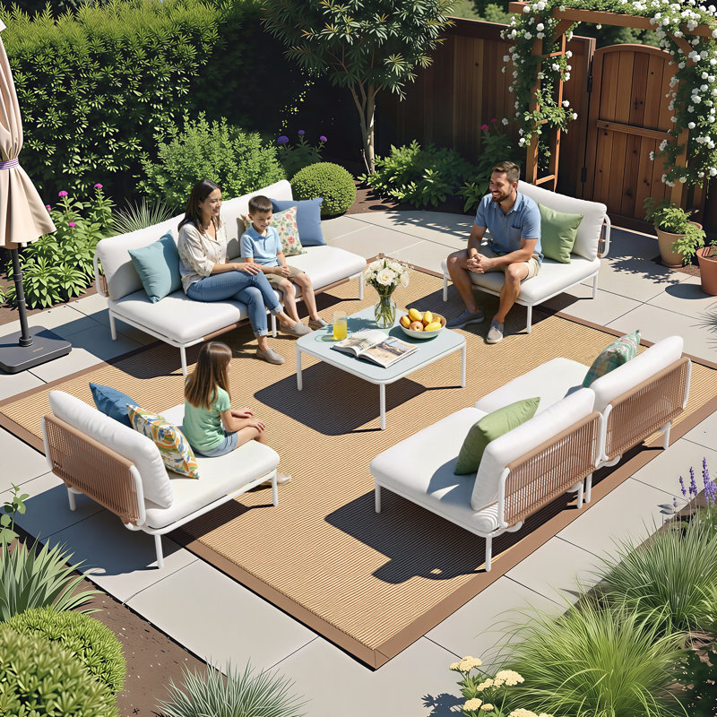 Canapé modulaire d'extérieur en métal pour 6 personnes avec table, Beige Cushion/White Frame