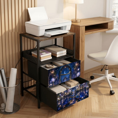 Table de chevet 2 tiroirs avec station de charge, table de chevet pour chambre avec ports USB et amp; Outlets, tablette ouverte noire, table de chevet avec piscines réfléchissantes et lanternes lumineuses Magical Garden Night