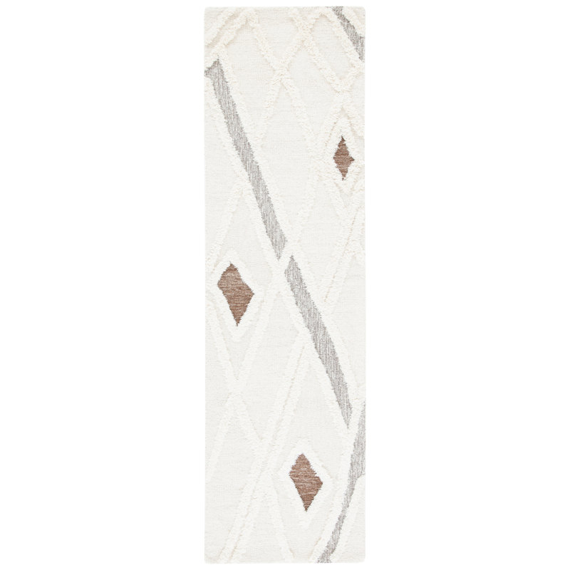 Tapis géométrique touffeté à la main en coton / laine crème / brun / gris Saphira, Tapis de couloir 2 pi 3 po x 18 pi
