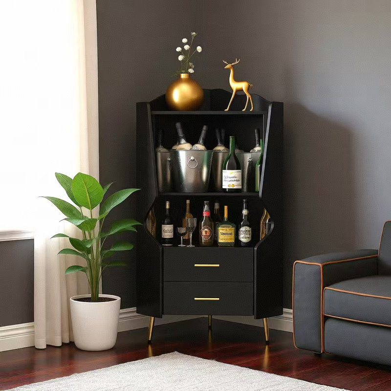Black Wooden Corner Bar Cabinet - Mirrored Back Sideboard With 2 Open Shelves & 2 Drawers, High Legs Buffet Cabinet For Easy Cleaning