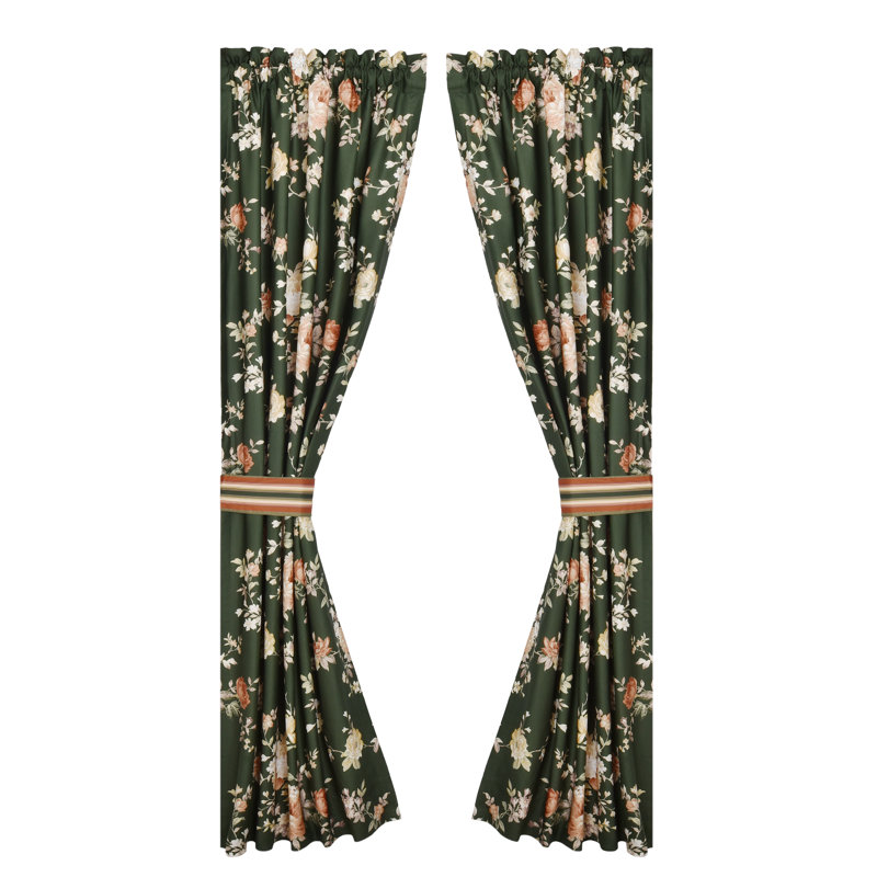 84" Forest Green Floral Cotton Polyester Window Panel Pair