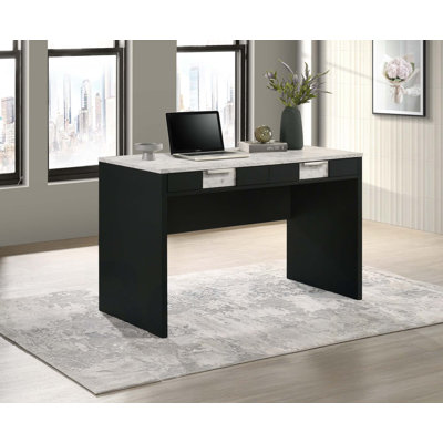 1pc Modern Desk Elegance Black Base Stunning Marble Storage Two Drawers Wooden Home Office Furniture White Black by Latitude Run