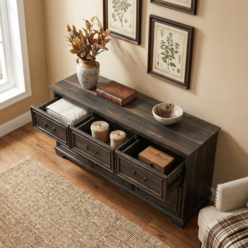 54" Wide 7-Drawer Dresser, Rustic Storage Chest Of Drawers With Anti-Tip Design, Dark Oak Finish For Bedroom, Dark Oak