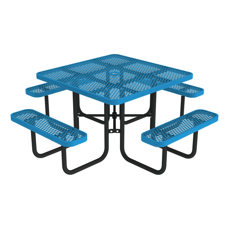 Open Air Series Square Picnic Table with Benches, Umbrella Hole, and Surface Mount, Blue/Black
